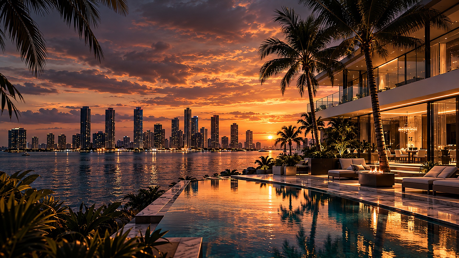 Luxury waterfront residence on Biscayne Bay, Miami, with an infinity pool and the city skyline at sunset