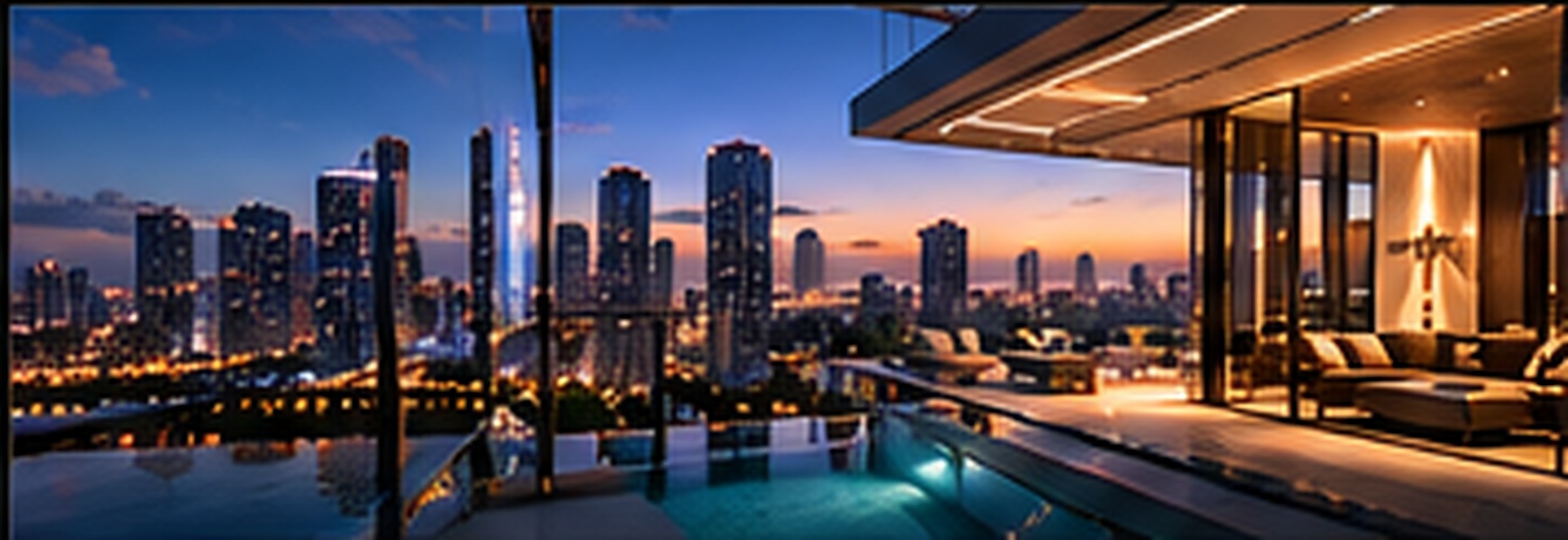 Penthouse terrace in Brickell, Miami, with a private pool and views of the lit skyline at dusk