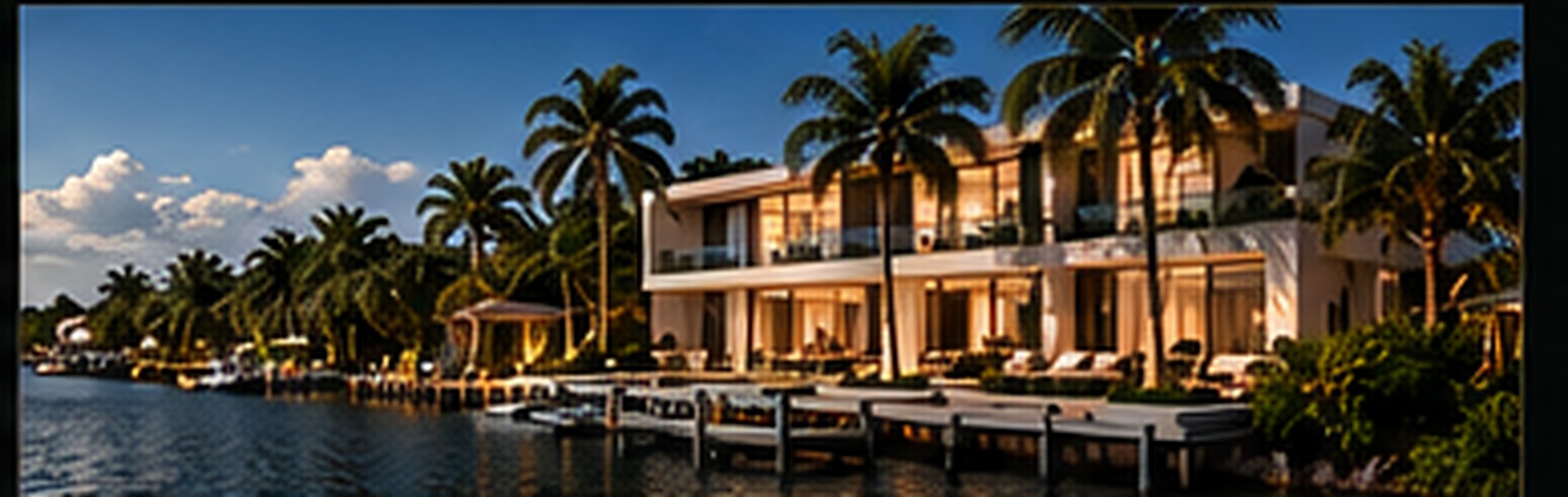 Canal-front home in Fort Lauderdale, Florida, with a private dock and palm trees, lit at dusk
