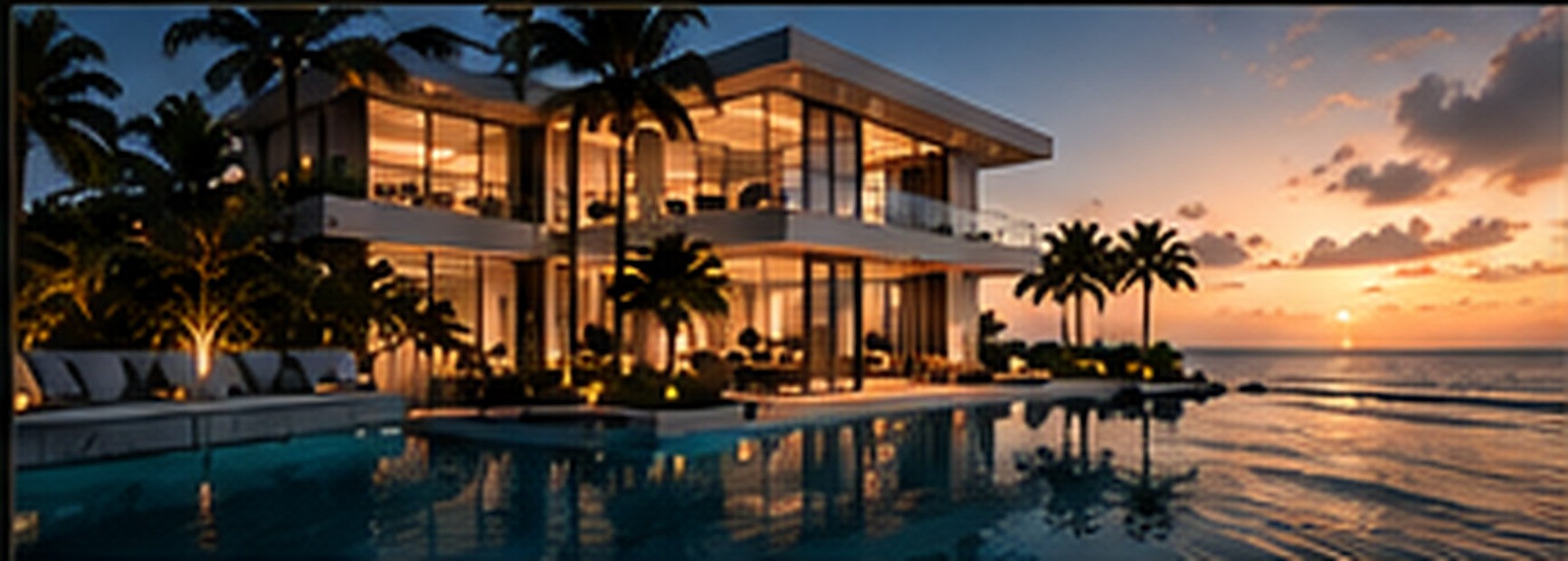 Contemporary two-storey oceanfront residence in Miami Beach, Florida, with an infinity pool and palm trees at sunset